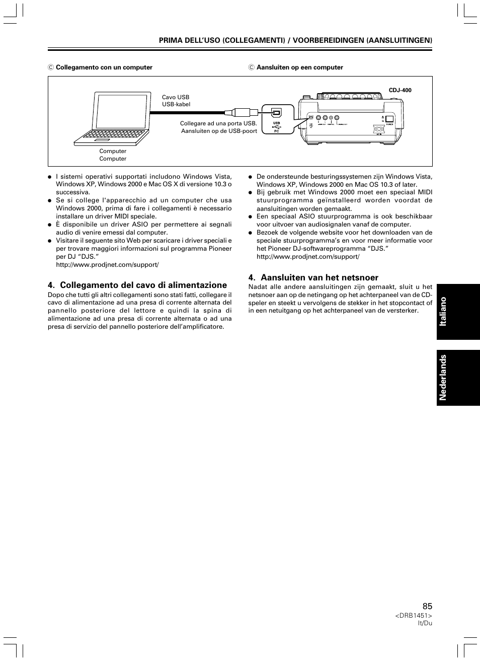 Italiano nederlands, Collegamento del cavo di alimentazione, Aansluiten van het netsnoer | Pioneer CDJ-400 User Manual | Page 85 / 162