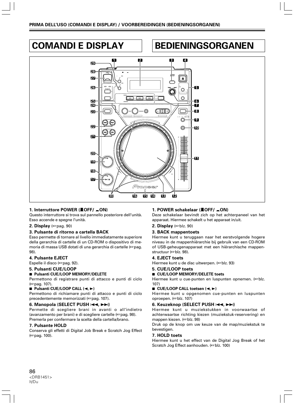 Comandi e display, Bedieningsorganen, Interruttore power ( — off/ _ on) | Display, Pulsante di ritorno a cartella back, Pulsante eject, Pulsanti cue/loop, Manopola (select push 4 , ¢ ), Pulsante hold, Power schakelaar ( — off/ _ on) | Pioneer CDJ-400 User Manual | Page 86 / 162
