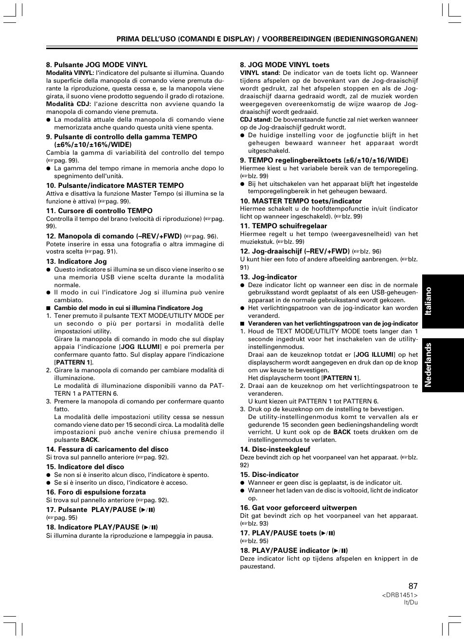Italiano nederlands | Pioneer CDJ-400 User Manual | Page 87 / 162