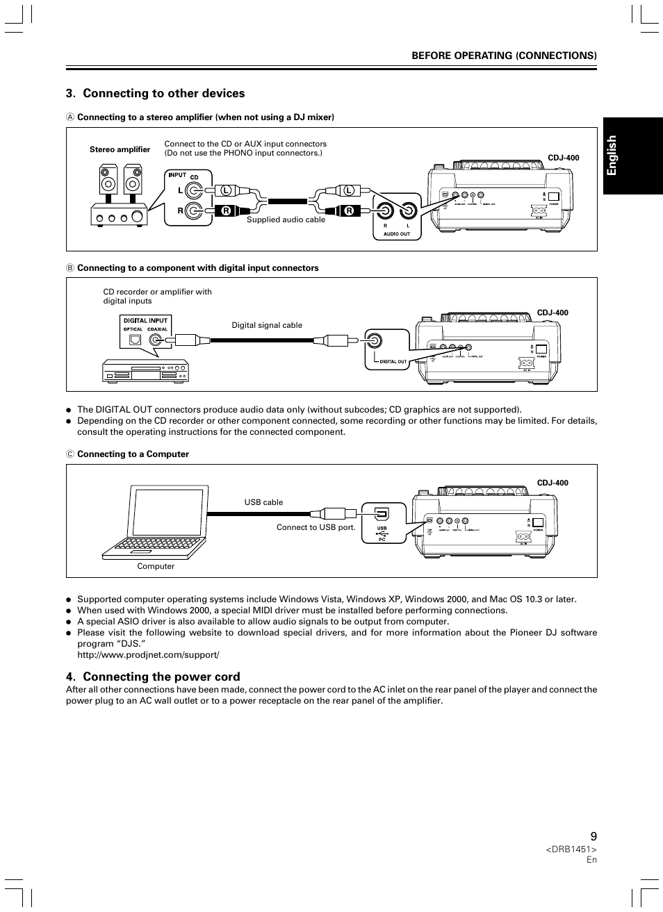 English 3. connecting to other devices, Connecting the power cord | Pioneer CDJ-400 User Manual | Page 9 / 162