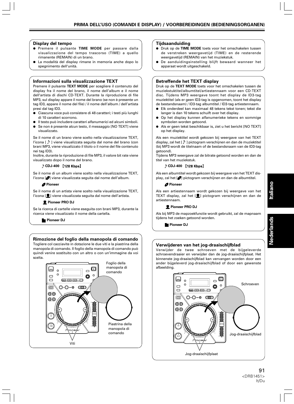 Italiano nederlands | Pioneer CDJ-400 User Manual | Page 91 / 162