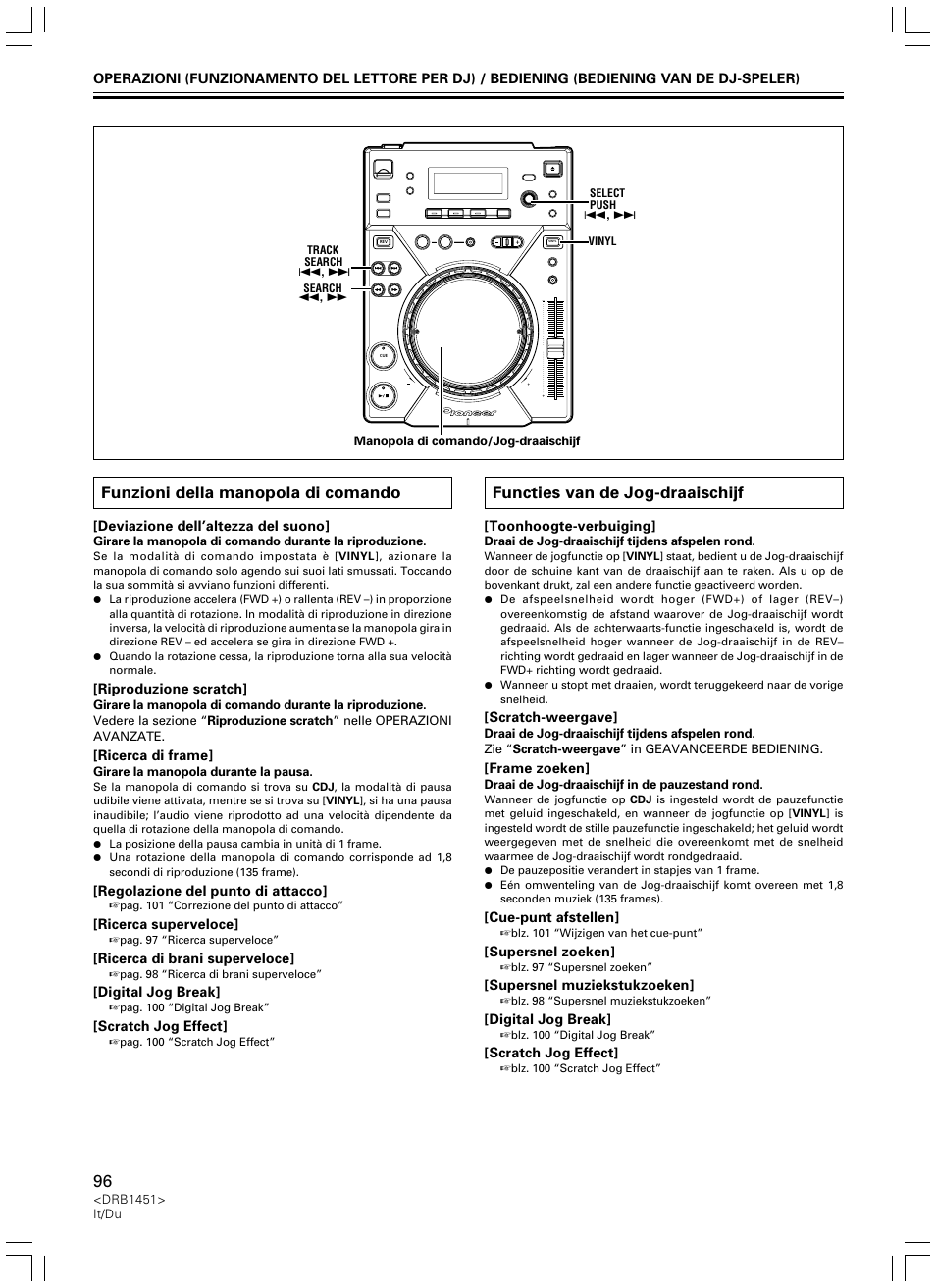 Funzioni della manopola di comando, Functies van de jog-draaischijf | Pioneer CDJ-400 User Manual | Page 96 / 162