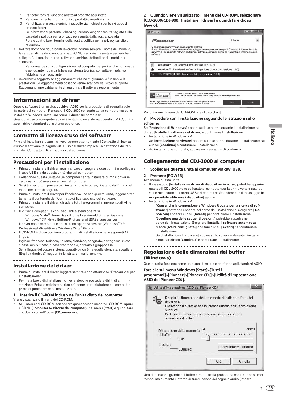 Informazioni sul driver, Drb1475-b, Contratto di licenza d’uso del software | Precauzioni per l’installazione, Installazione del driver, Collegamento del cdj-2000 al computer, Regolazione delle dimensioni del buffer (windows) | Pioneer CDJ-2000 User Manual | Page 113 / 209