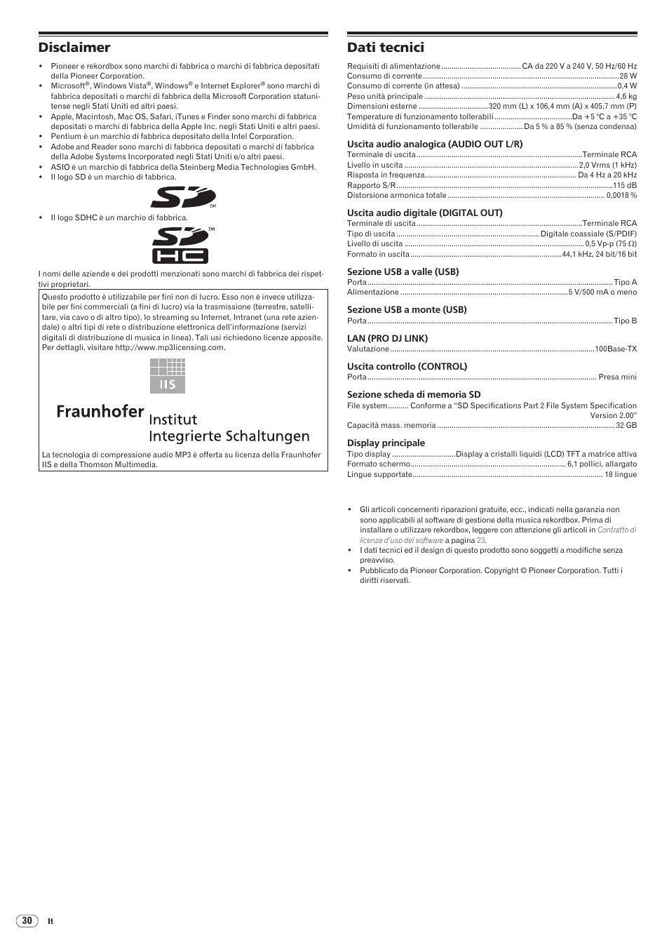 Disclaimer dati tecnici, Disclaimer, Dati tecnici | Drb1475-b | Pioneer CDJ-2000 User Manual | Page 118 / 209