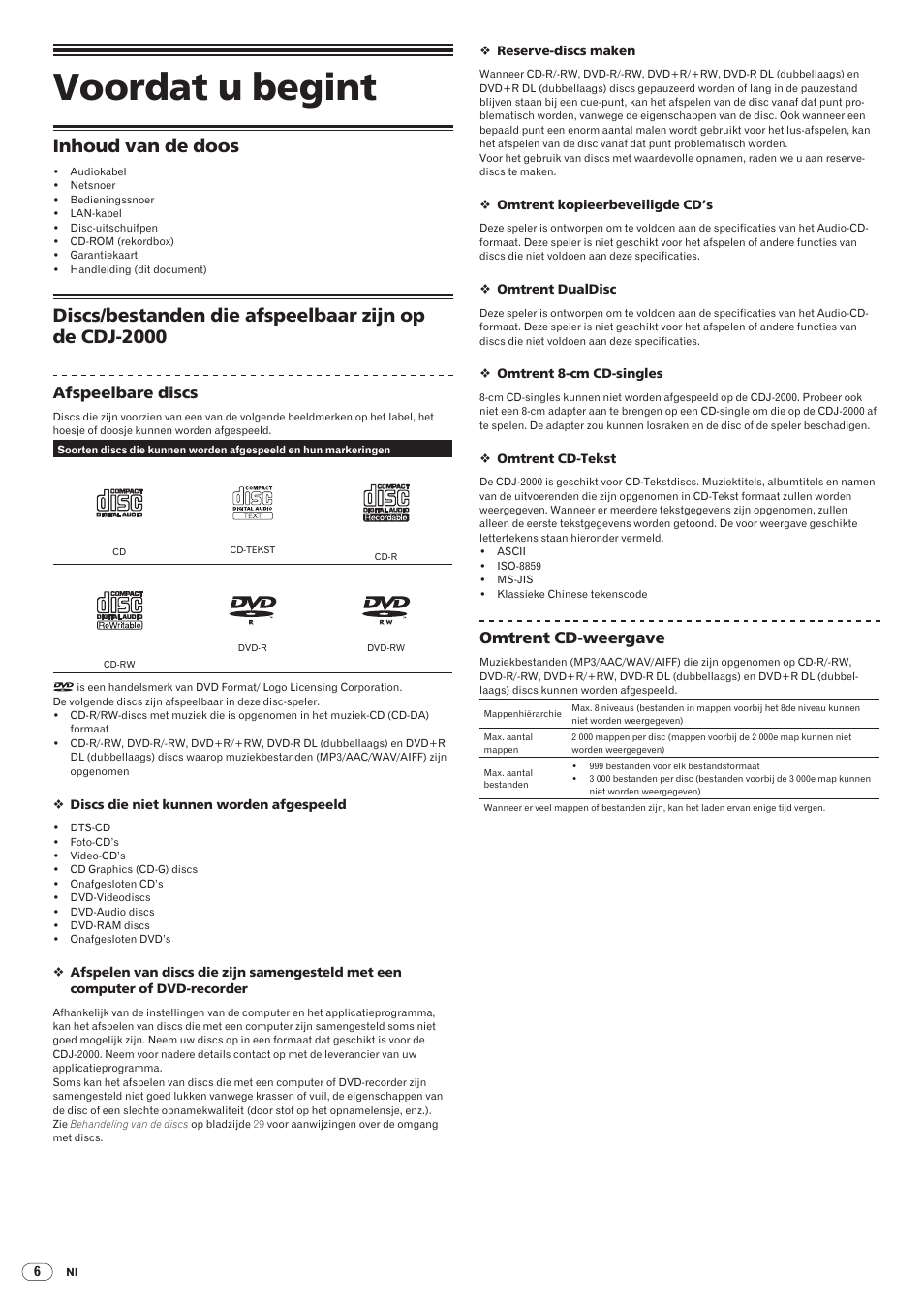 Voordat u begint, Inhoud van de doos discs, Bestanden die afspeelbaar zijn op de cdj-2000 | Inhoud van de doos, Drb1475-b, Afspeelbare discs, Omtrent cd-weergave | Pioneer CDJ-2000 User Manual | Page 124 / 209