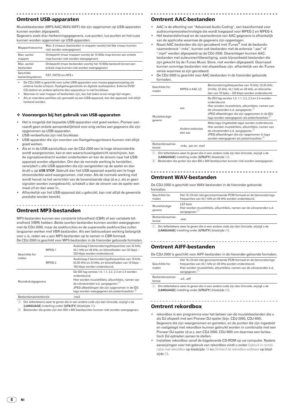 Drb1475-b, 126 omtrent usb-apparaten, Omtrent mp3-bestanden | Omtrent aac-bestanden, Omtrent wav-bestanden, Omtrent aiff-bestanden, Omtrent rekordbox | Pioneer CDJ-2000 User Manual | Page 126 / 209