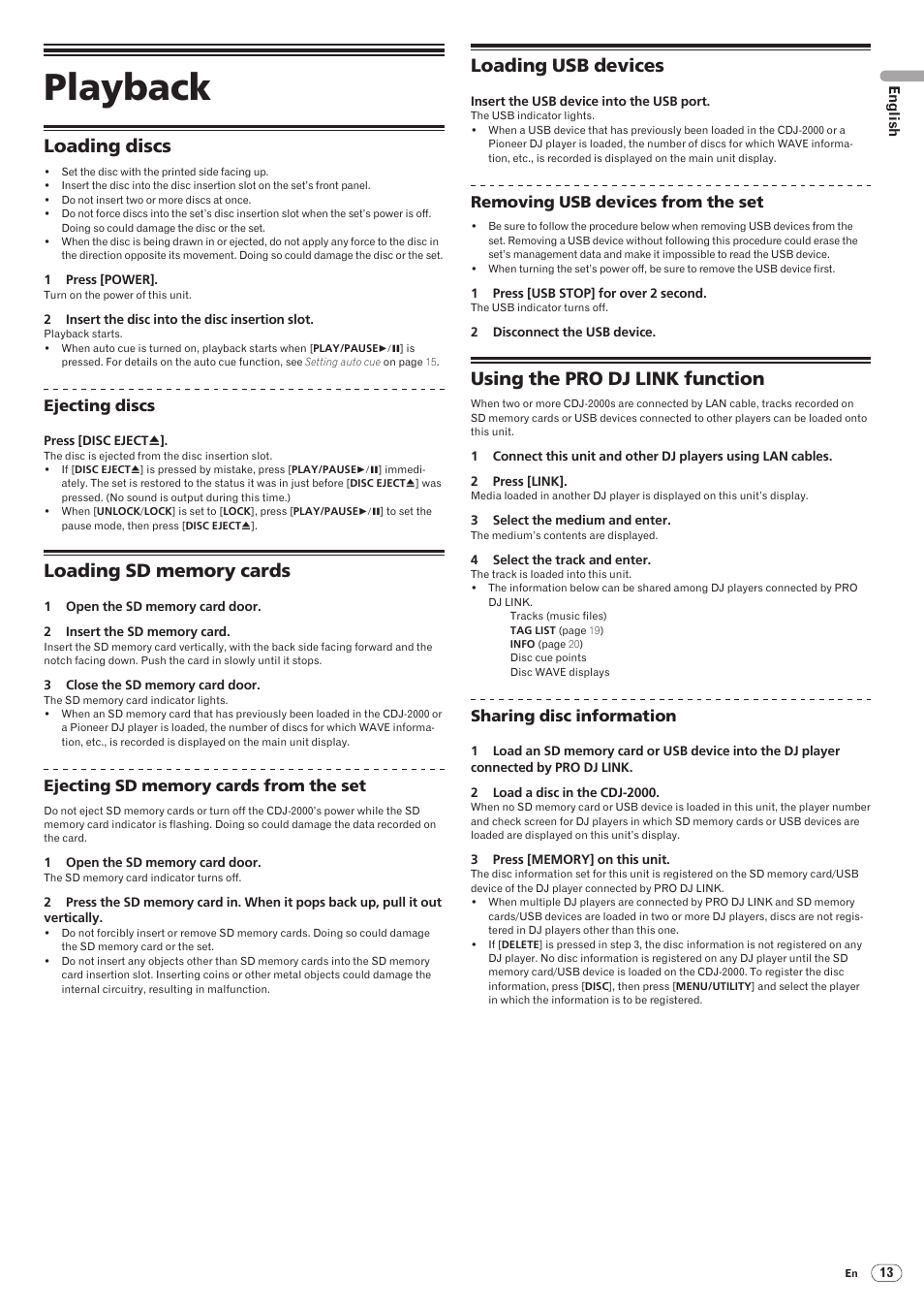 Playback, Loading discs, Loading usb devices | Using the pro dj link function | Pioneer CDJ-2000 User Manual | Page 13 / 209