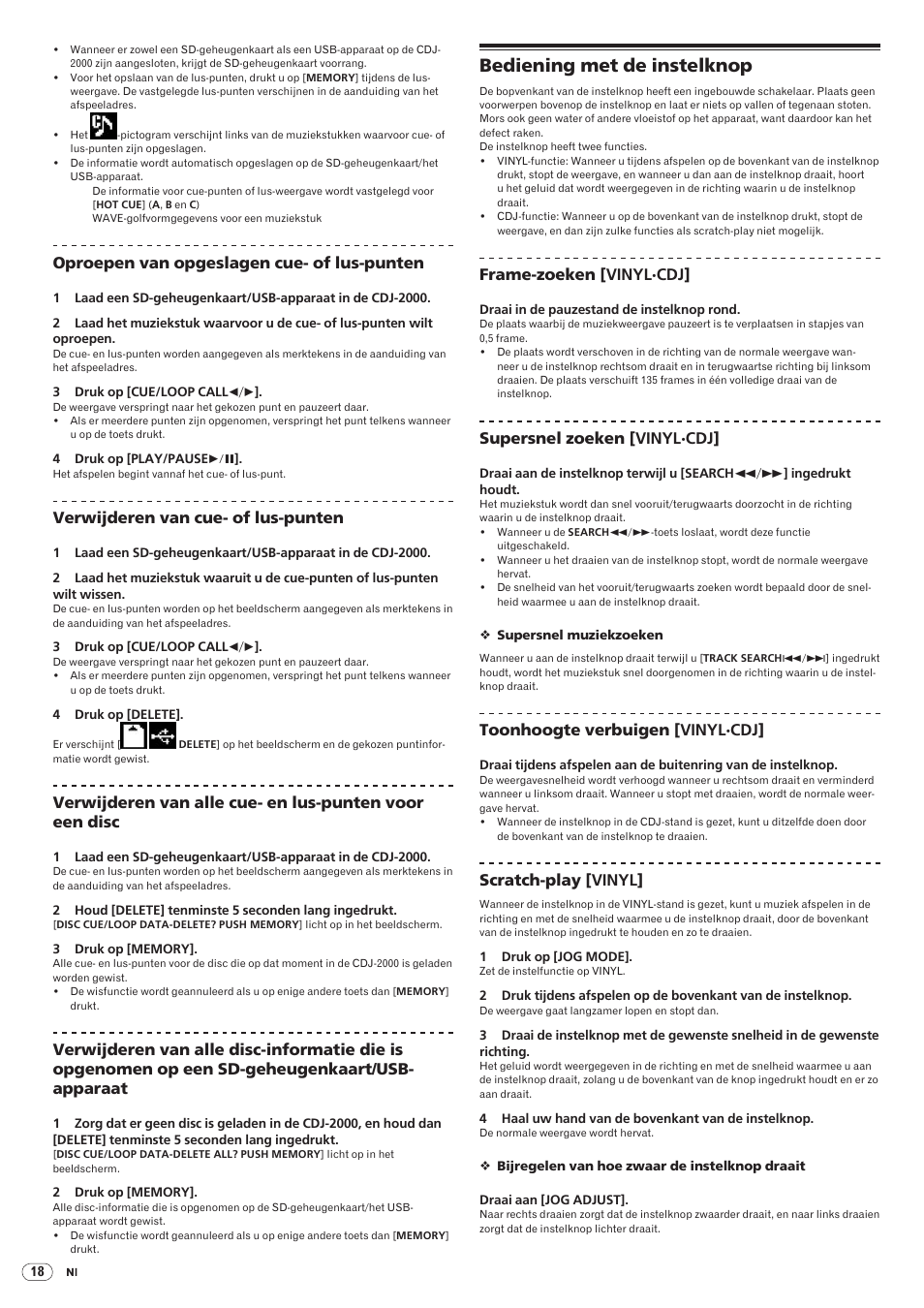 Bediening met de instelknop, Drb1475-b, Oproepen van opgeslagen cue- of lus-punten | Verwijderen van cue- of lus-punten, Frame-zoeken [vinyl· cdj, Supersnel zoeken [vinyl·cdj, Toonhoogte verbuigen [vinyl·cdj, Scratch-play [vinyl | Pioneer CDJ-2000 User Manual | Page 136 / 209