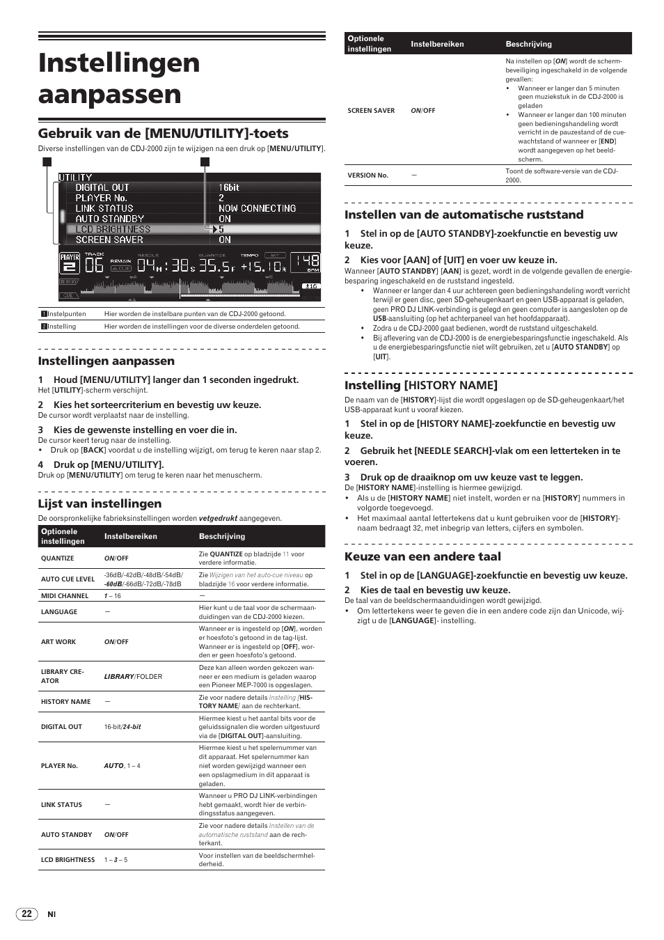 Instellingen aanpassen, Gebruik van de [menu/utility]-toets, Drb1475-b | Lijst van instellingen, Instellen van de automatische ruststand, Instelling [history name, Keuze van een andere taal | Pioneer CDJ-2000 User Manual | Page 140 / 209
