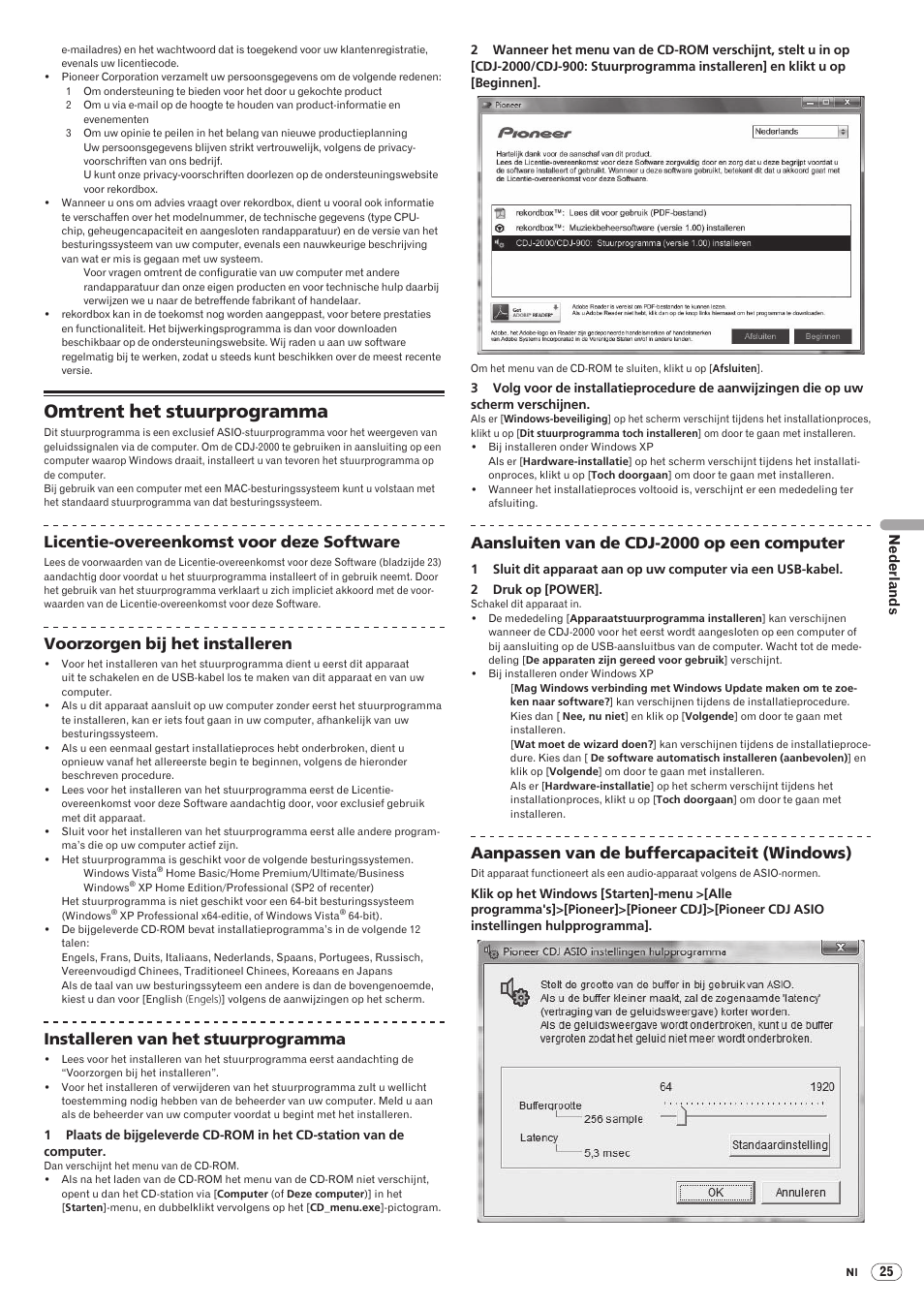 Omtrent het stuurprogramma, Drb1475-b, Licentie-overeenkomst voor deze software | Voorzorgen bij het installeren, Installeren van het stuurprogramma, Aansluiten van de cdj-2000 op een computer, Aanpassen van de buffercapaciteit (windows) | Pioneer CDJ-2000 User Manual | Page 143 / 209