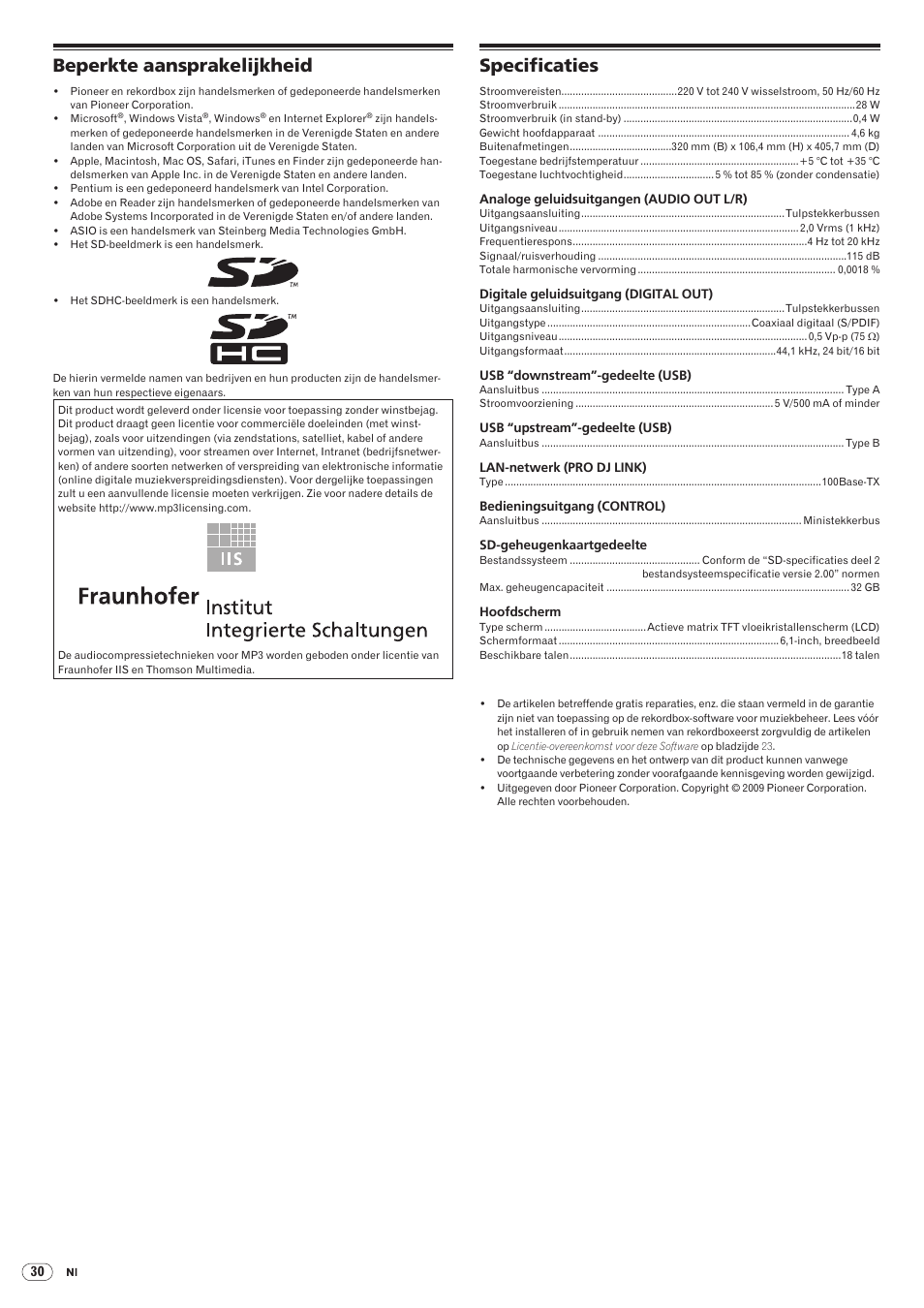 Beperkte aansprakelijkheid specificaties, Beperkte aansprakelijkheid, Specificaties | Drb1475-b | Pioneer CDJ-2000 User Manual | Page 148 / 209
