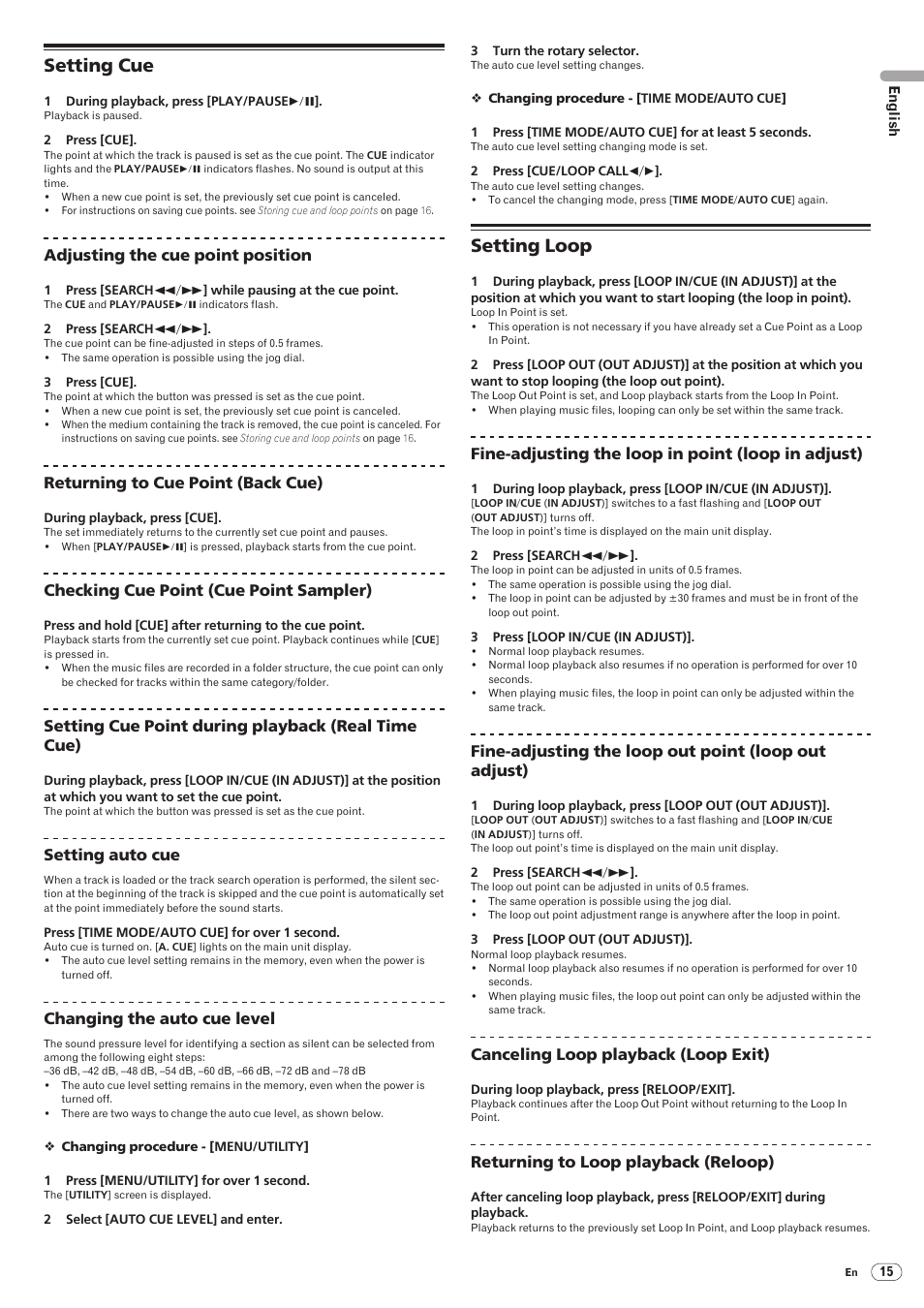 Setting cue setting loop, Setting cue, Setting loop | Pioneer CDJ-2000 User Manual | Page 15 / 209