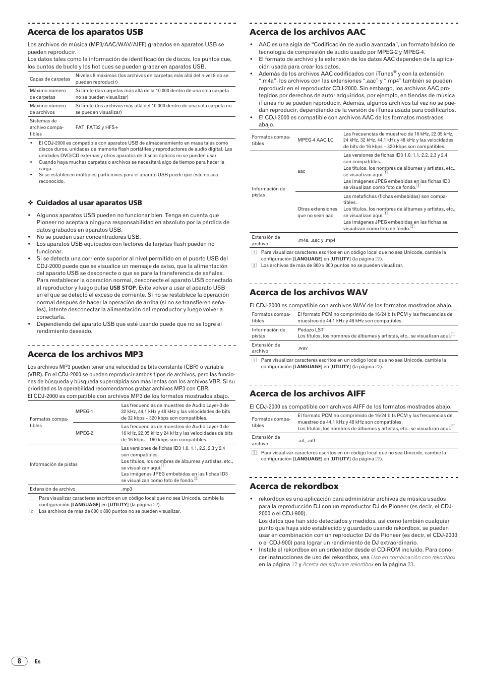 Drb1475-b, 156 acerca de los aparatos usb, Acerca de los archivos mp3 | Acerca de los archivos aac, Acerca de los archivos wav, Acerca de los archivos aiff, Acerca de rekordbox | Pioneer CDJ-2000 User Manual | Page 156 / 209