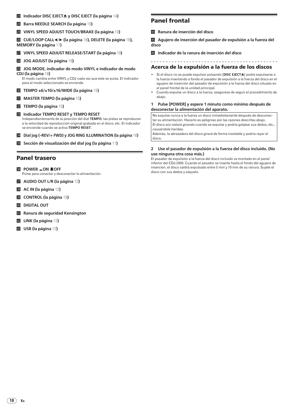 Panel trasero panel frontal, Panel trasero, Panel frontal | Pioneer CDJ-2000 User Manual | Page 158 / 209