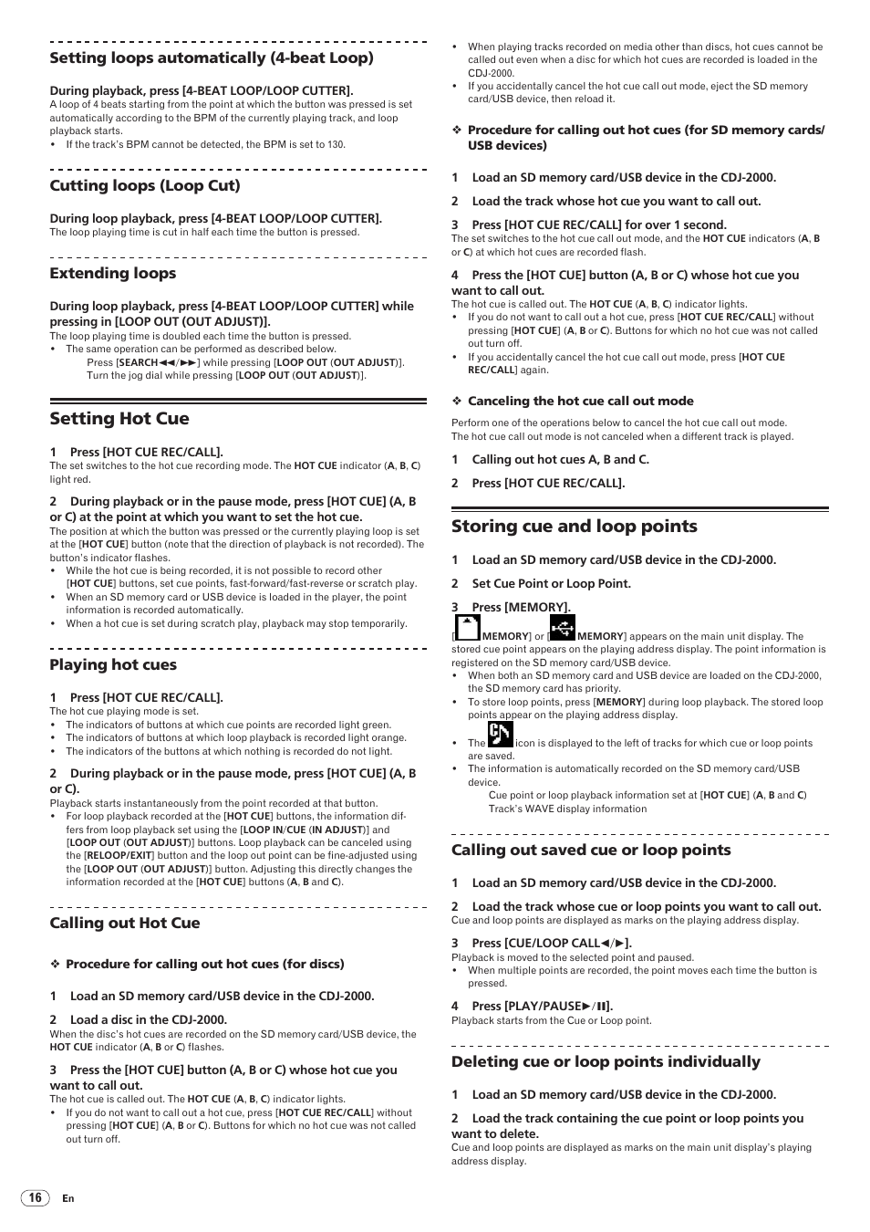 Setting hot cue storing cue and loop points, Setting hot cue, Storing cue and loop points | Drb1475-b, 16 setting loops automatically (4-beat loop), Cutting loops (loop cut), Extending loops, Playing hot cues, Calling out hot cue, Calling out saved cue or loop points | Pioneer CDJ-2000 User Manual | Page 16 / 209