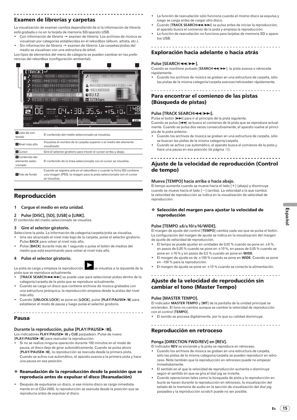 Reproducción, Drb1475-b, 163 examen de librerías y carpetas | Pausa, Exploración hacia adelante o hacia atrás, Reproducción en retroceso | Pioneer CDJ-2000 User Manual | Page 163 / 209