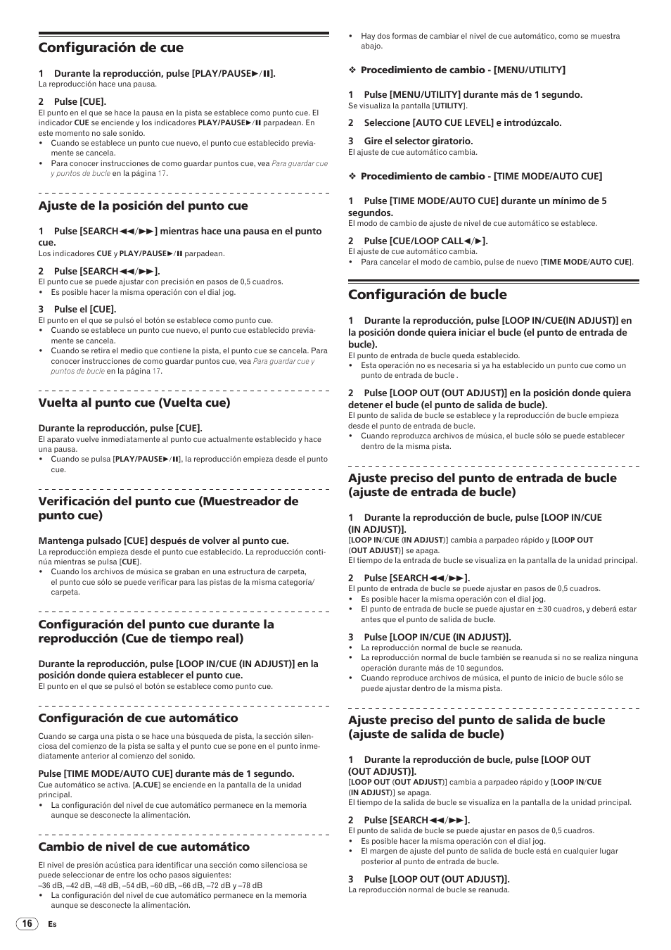Configuración de cue configuración de bucle, Configuración de cue, Configuración de bucle | Pioneer CDJ-2000 User Manual | Page 164 / 209