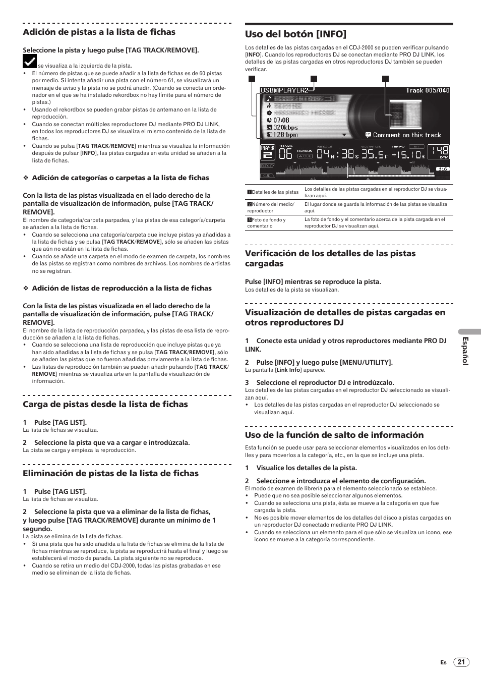 Uso del botón [info, Drb1475-b, 169 adición de pistas a la lista de fichas | Carga de pistas desde la lista de fichas, Eliminación de pistas de la lista de fichas, Uso de la función de salto de información | Pioneer CDJ-2000 User Manual | Page 169 / 209