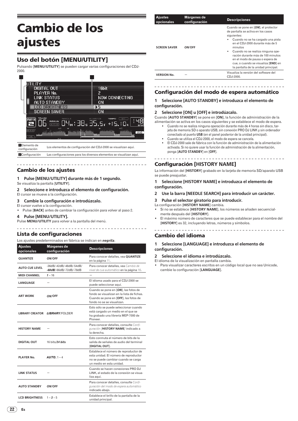 Cambio de los ajustes, Uso del botón [menu/utility, Drb1475-b | Lista de configuraciones, Configuración del modo de espera automático, Configuración [history name, Cambio del idioma | Pioneer CDJ-2000 User Manual | Page 170 / 209