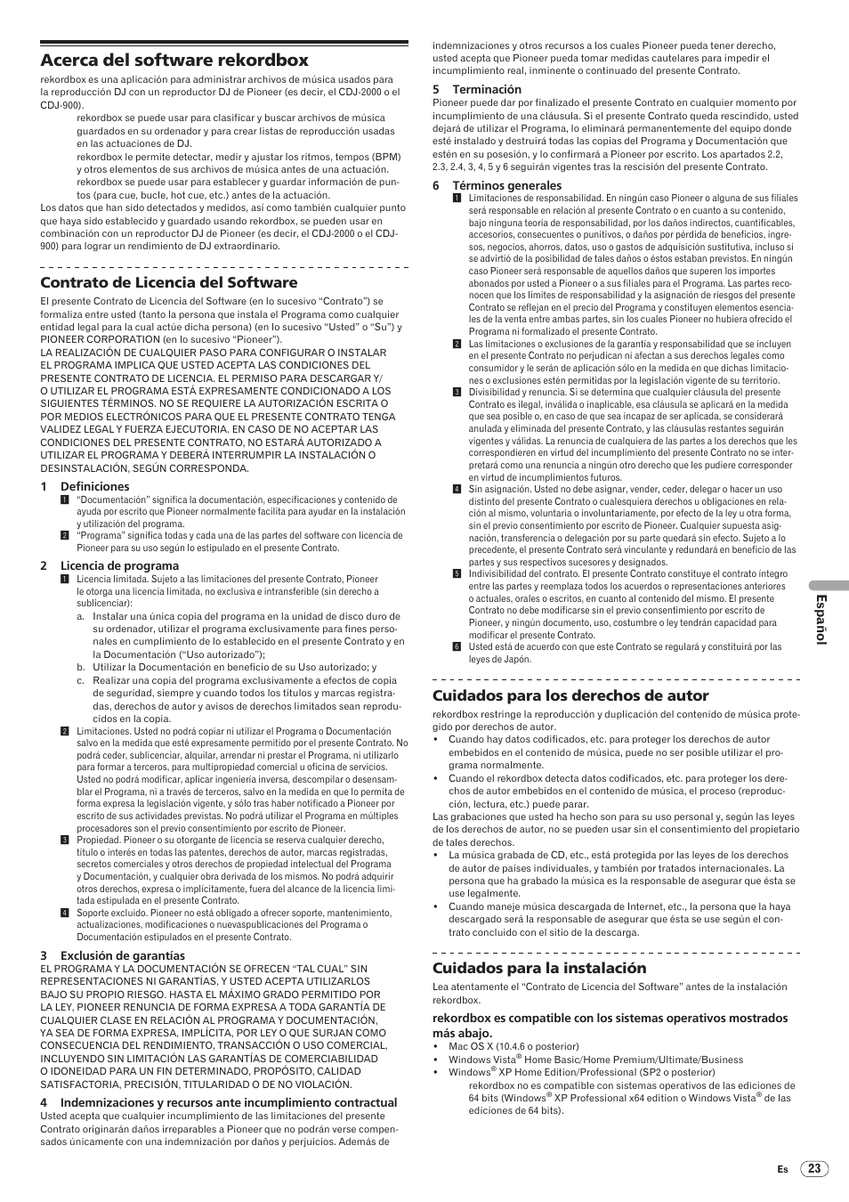 Acerca del software rekordbox, Drb1475-b, Contrato de licencia del software | Cuidados para los derechos de autor, Cuidados para la instalación, Español | Pioneer CDJ-2000 User Manual | Page 171 / 209
