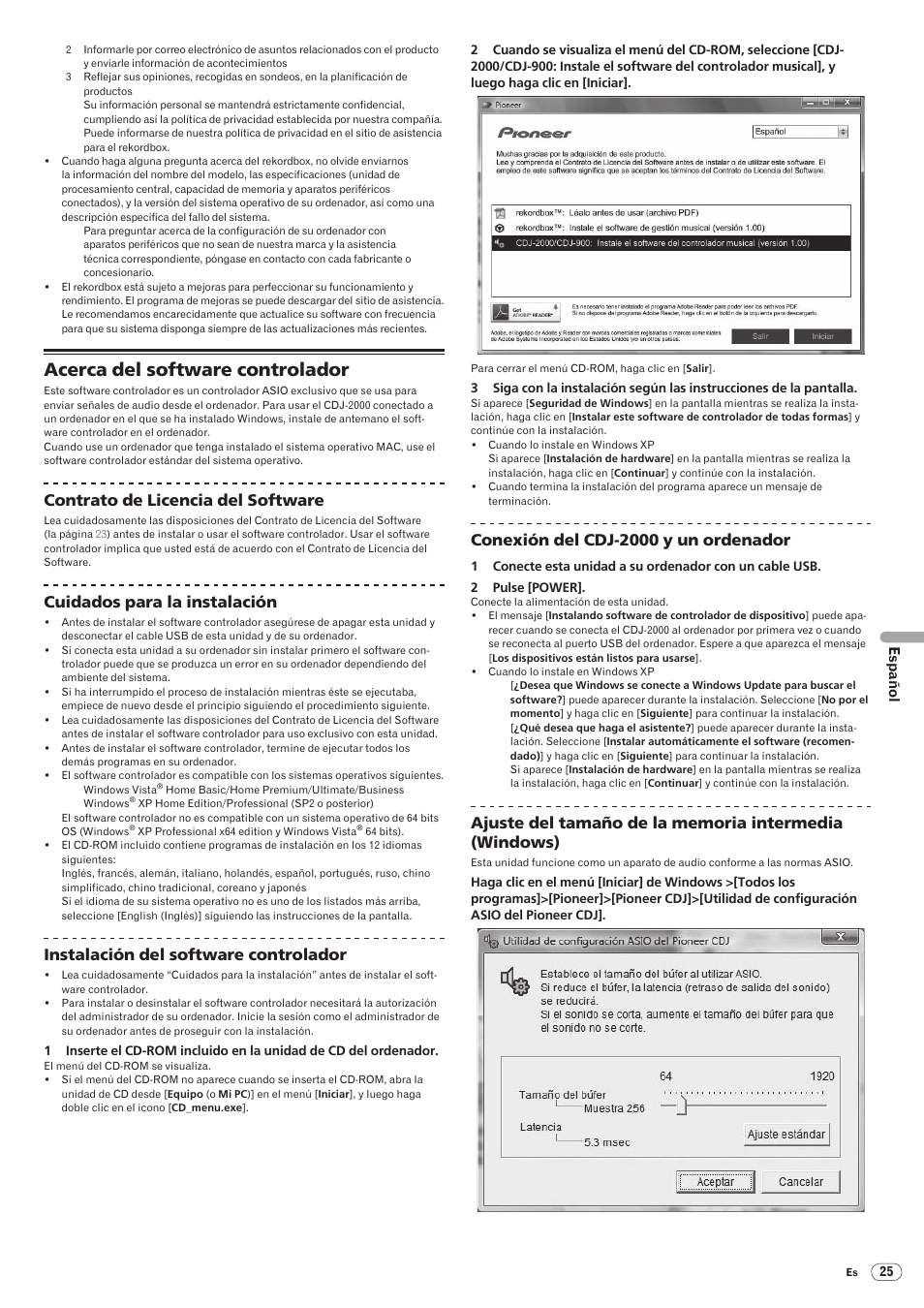 Acerca del software controlador, Drb1475-b, Contrato de licencia del software | Cuidados para la instalación, Instalación del software controlador, Conexión del cdj-2000 y un ordenador | Pioneer CDJ-2000 User Manual | Page 173 / 209