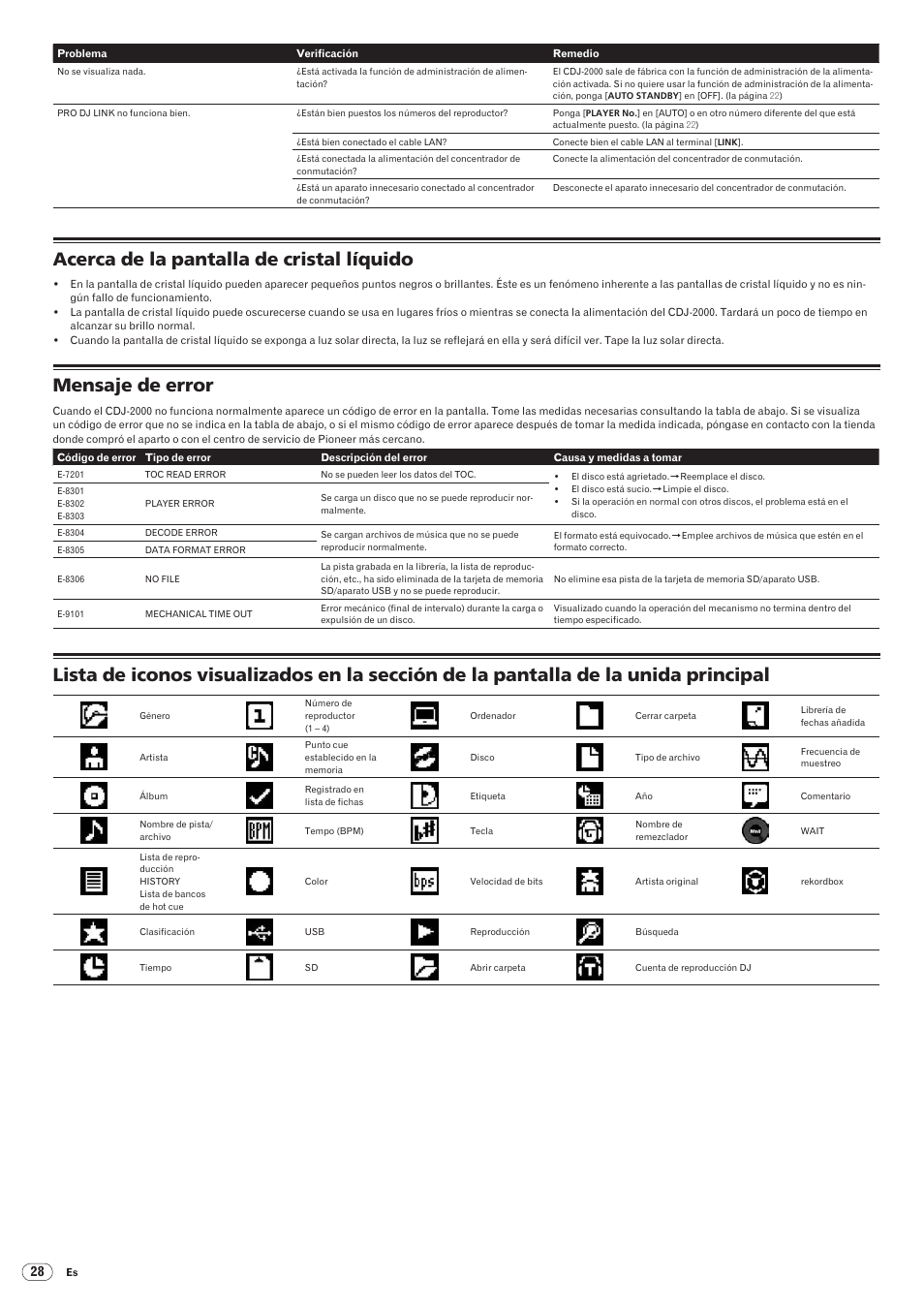 Acerca de la pantalla de cristal líquido, Mensaje de error, Drb1475-b | Pioneer CDJ-2000 User Manual | Page 176 / 209