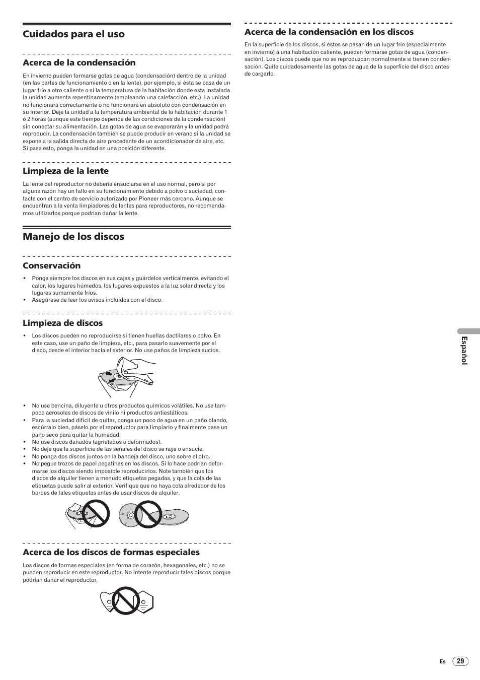 Cuidados para el uso manejo de los discos, Cuidados para el uso, Manejo de los discos | Pioneer CDJ-2000 User Manual | Page 177 / 209
