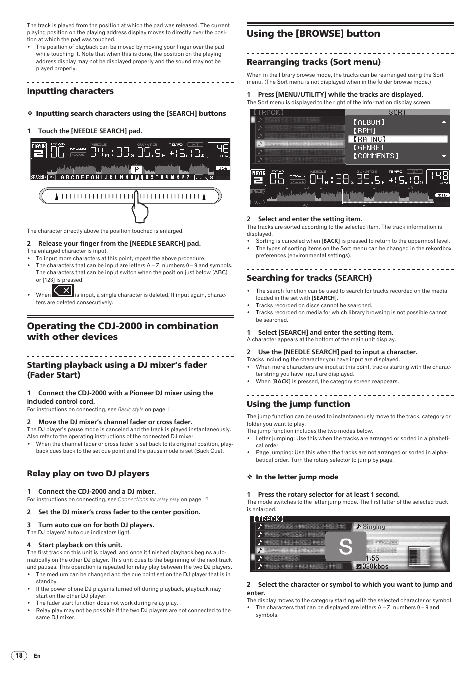 Using the [browse] button, Drb1475-b, Inputting characters | Relay play on two dj players, Rearranging tracks (sort menu), Searching for tracks (search), Using the jump function | Pioneer CDJ-2000 User Manual | Page 18 / 209