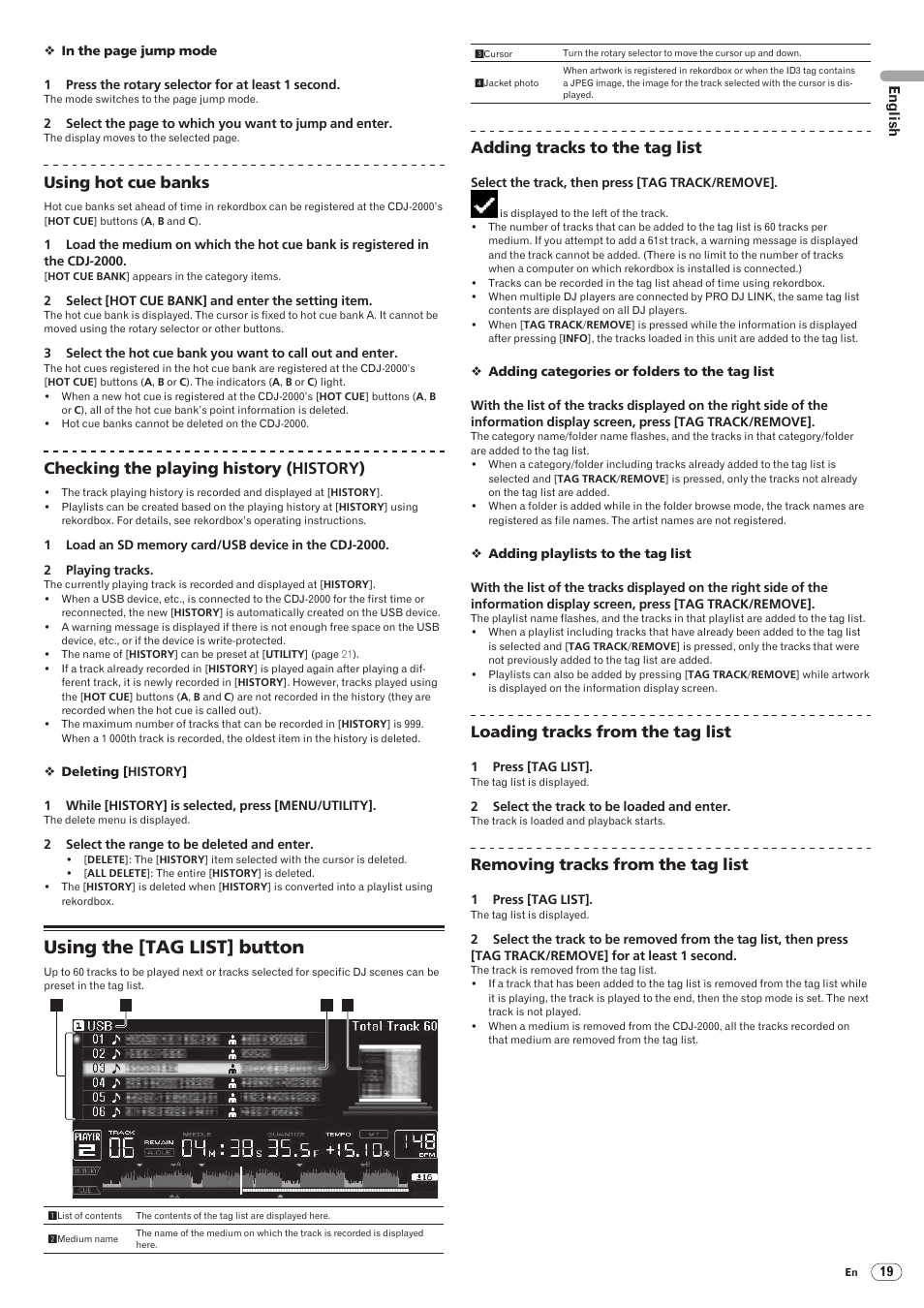 Using the [tag list] button, Drb1475-b, Using hot cue banks | Checking the playing history (history), Adding tracks to the tag list, Loading tracks from the tag list, Removing tracks from the tag list | Pioneer CDJ-2000 User Manual | Page 19 / 209