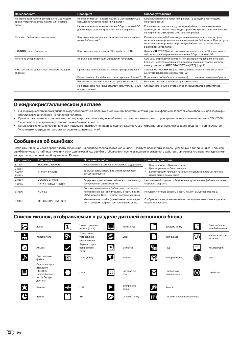 О жидкокристаллическом дисплее, Сообщения об ошибках, Drb1475-b | Pioneer CDJ-2000 User Manual | Page 206 / 209