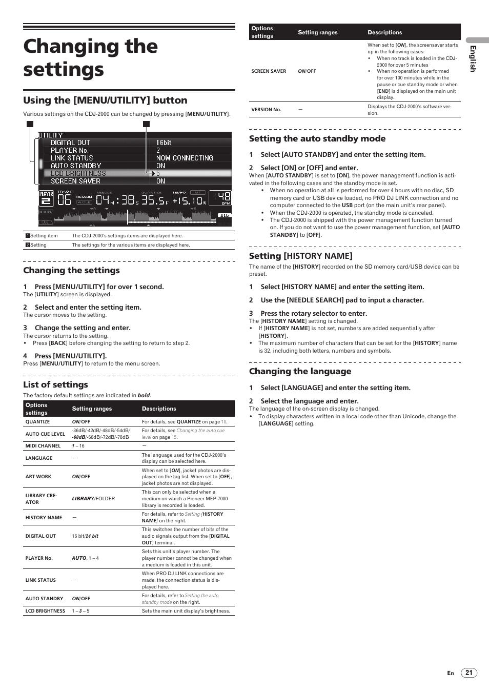 Changing the settings, Using the [menu/utility] button, Drb1475-b | List of settings, Setting the auto standby mode, Setting [history name, Changing the language, English | Pioneer CDJ-2000 User Manual | Page 21 / 209