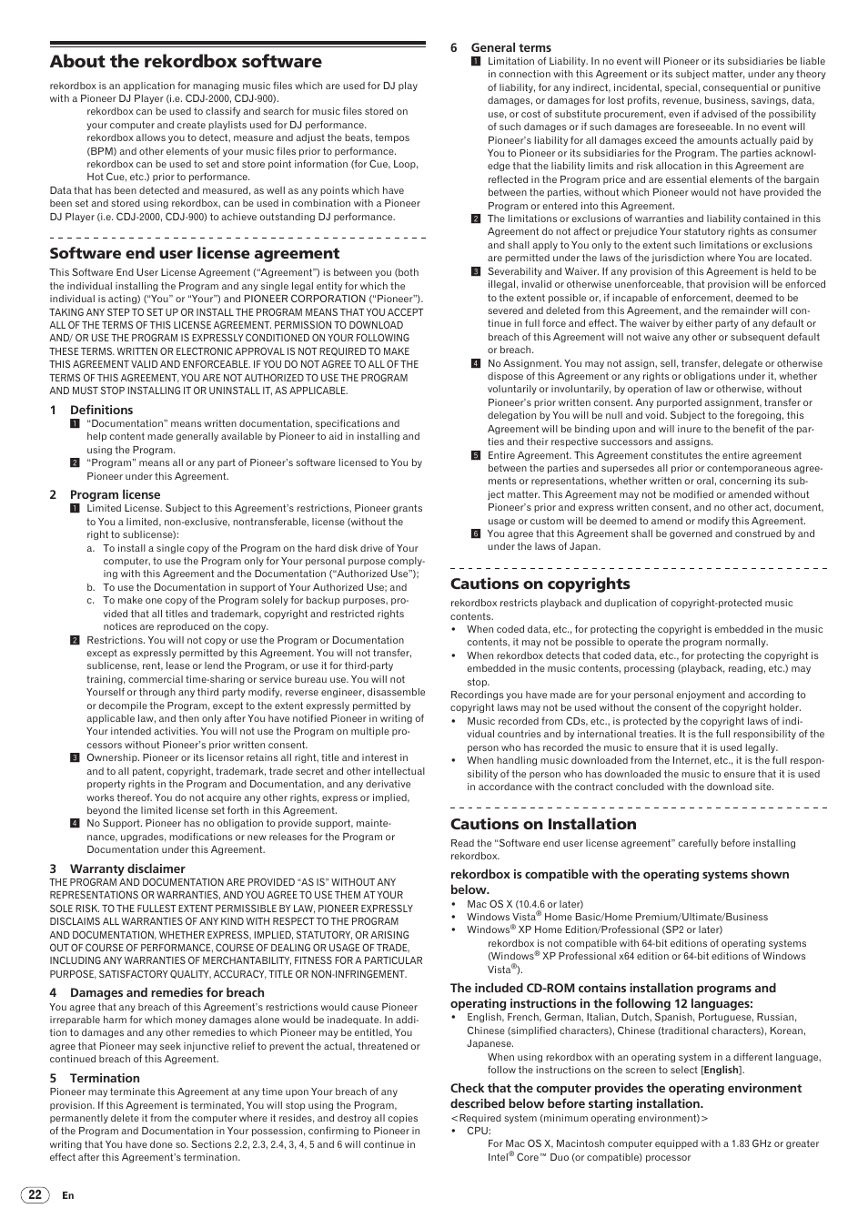 About the rekordbox software, Drb1475-b, Software end user license agreement | Cautions on copyrights, Cautions on installation | Pioneer CDJ-2000 User Manual | Page 22 / 209