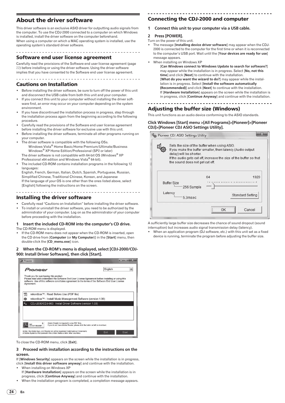 About the driver software, Drb1475-b, Software end user license agreement | Cautions on installation, Installing the driver software, Connecting the cdj-2000 and computer, Adjusting the buffer size (windows) | Pioneer CDJ-2000 User Manual | Page 24 / 209