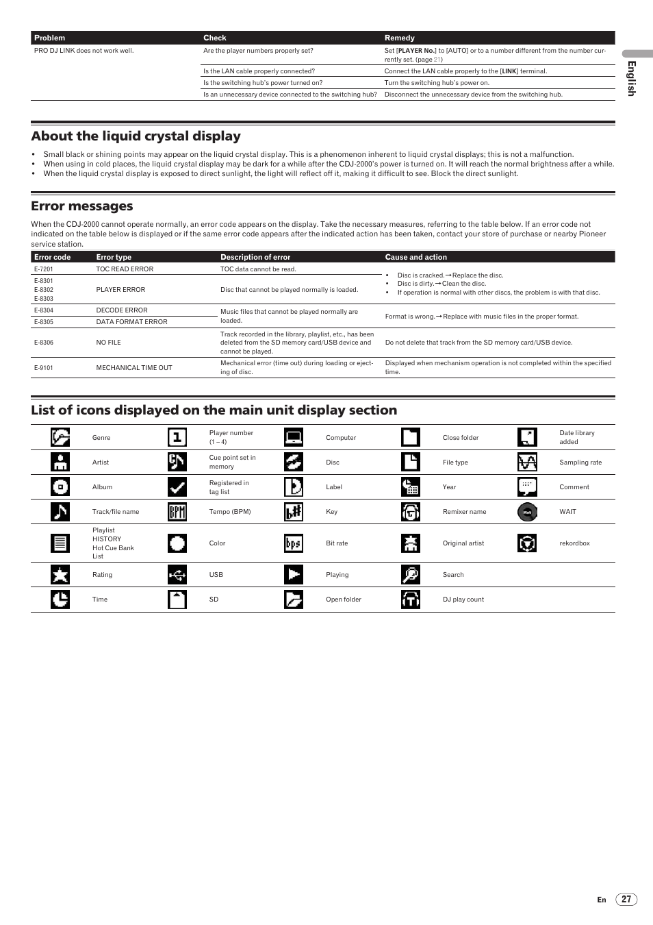 About the liquid crystal display, Error messages, Drb1475-b | English | Pioneer CDJ-2000 User Manual | Page 27 / 209