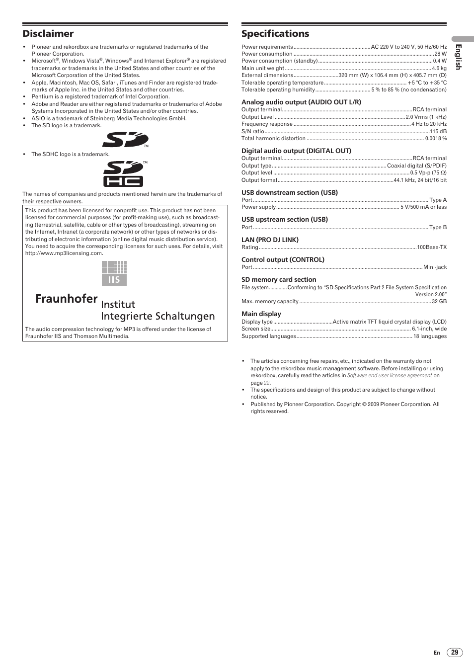 Disclaimer specifications, Disclaimer, Specifications | Drb1475-b | Pioneer CDJ-2000 User Manual | Page 29 / 209