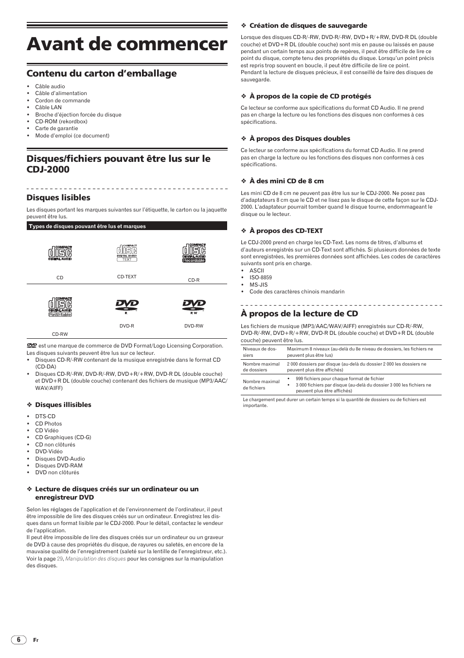 Avant de commencer, Contenu du carton d’emballage disques, Fichiers pouvant être lus sur le cdj-2000 | Contenu du carton d’emballage, Disques/ fichiers pouvant être lus sur le cdj-2000, Drb1475-b, Disques lisibles, À propos de la lecture de cd | Pioneer CDJ-2000 User Manual | Page 34 / 209