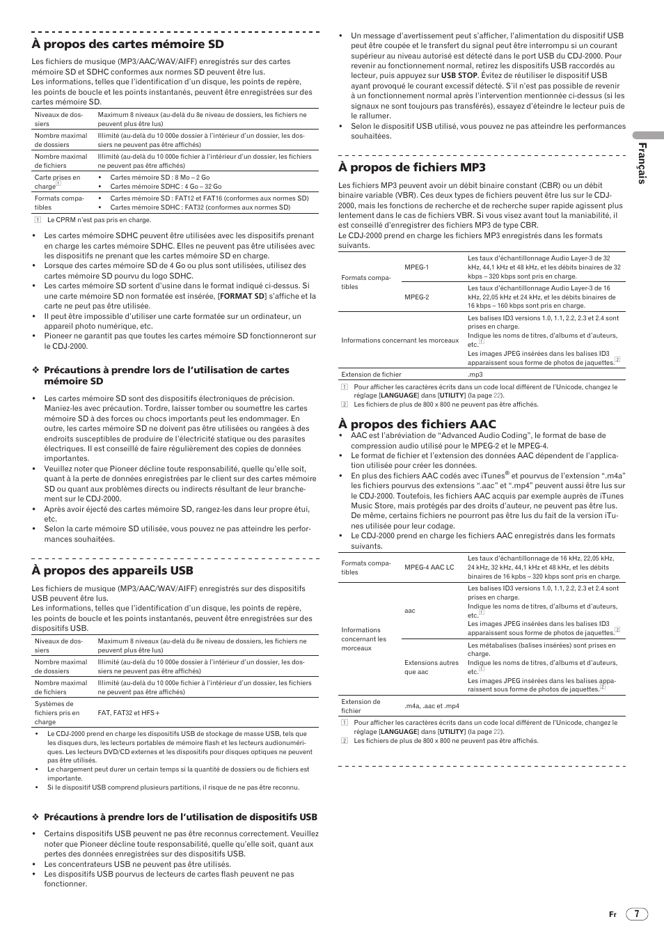 Drb1475-b, 35 à propos des cartes mémoire sd, À propos des appareils usb | À propos de fichiers mp3, À propos des fichiers aac, Français | Pioneer CDJ-2000 User Manual | Page 35 / 209