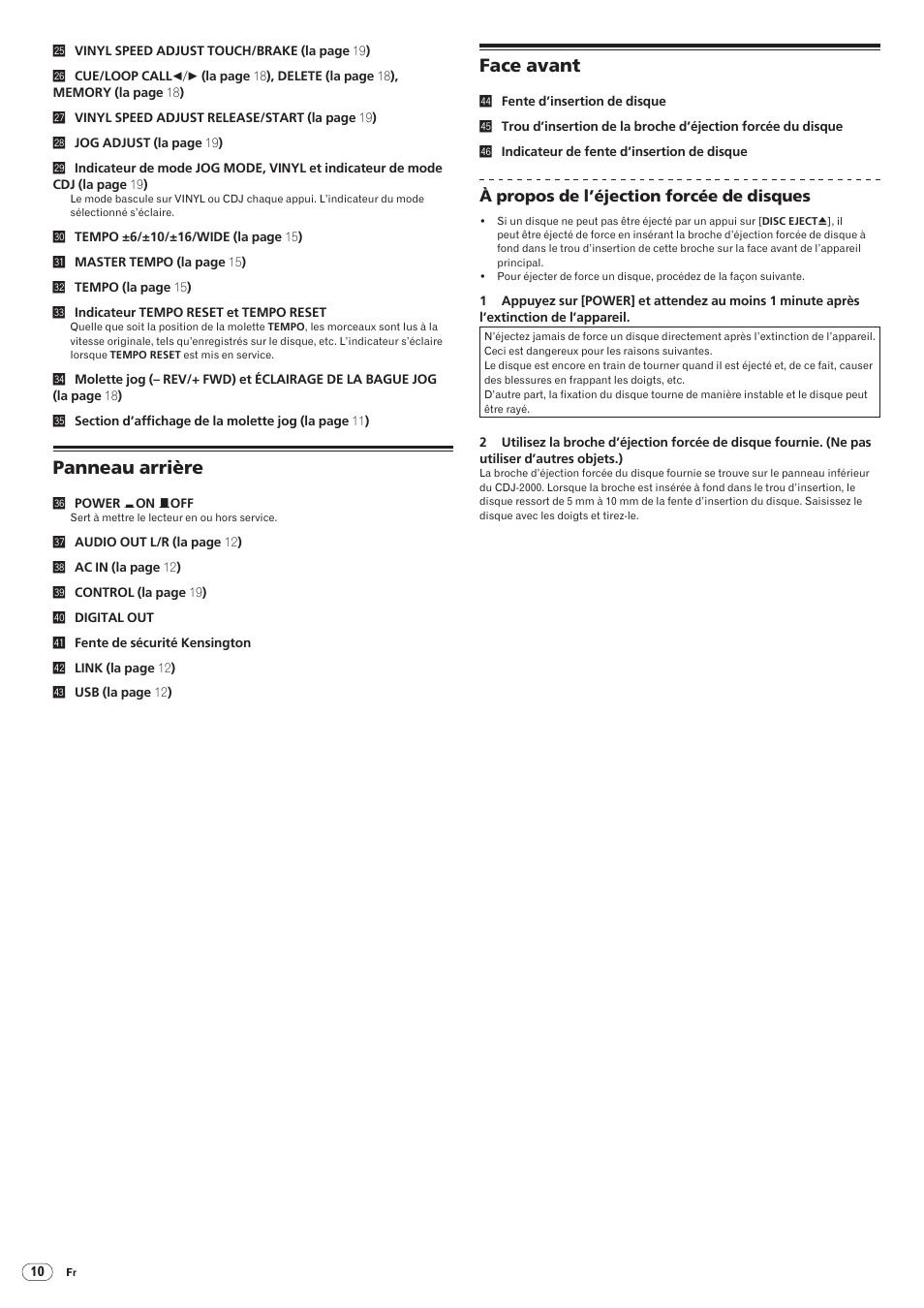 Panneau arrière face avant, Panneau arrière, Face avant | Pioneer CDJ-2000 User Manual | Page 38 / 209