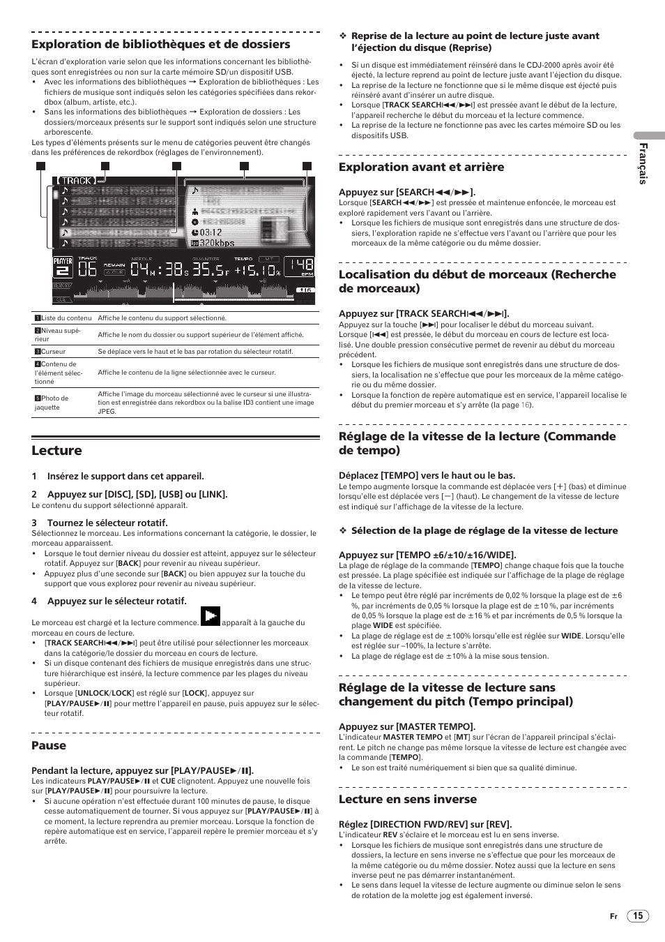 Lecture, Drb1475-b, 43 exploration de bibliothèques et de dossiers | Pause, Exploration avant et arrière, Lecture en sens inverse | Pioneer CDJ-2000 User Manual | Page 43 / 209
