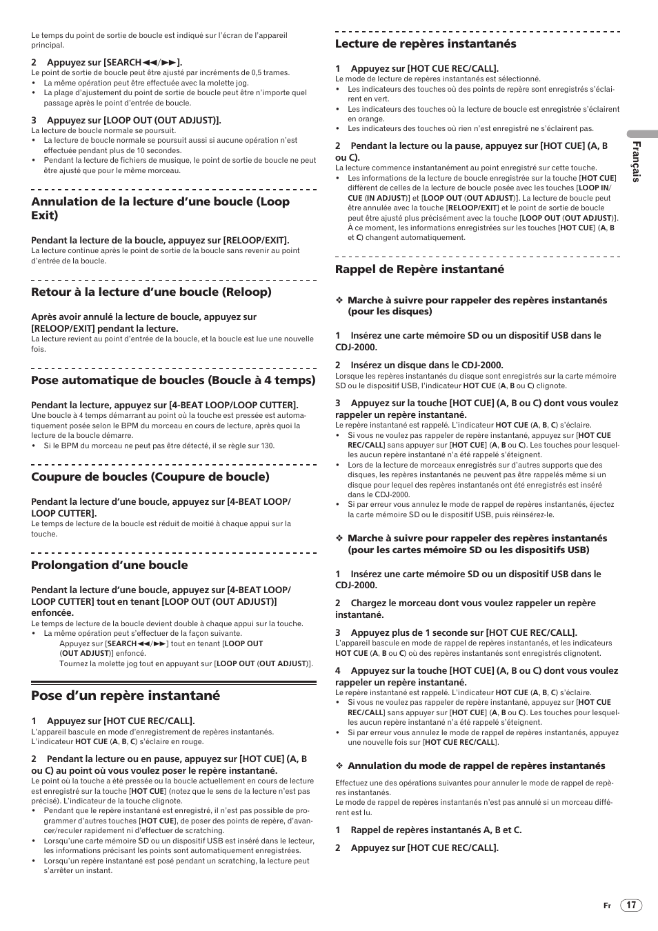 Pose d’un repère instantané, Drb1475-b, Annulation de la lecture d’une boucle (loop exit) | Retour à la lecture d’une boucle (reloop), Pose automatique de boucles (boucle à 4 temps), Coupure de boucles (coupure de boucle), Prolongation d’une boucle, Lecture de repères instantanés, Rappel de repère instantané | Pioneer CDJ-2000 User Manual | Page 45 / 209