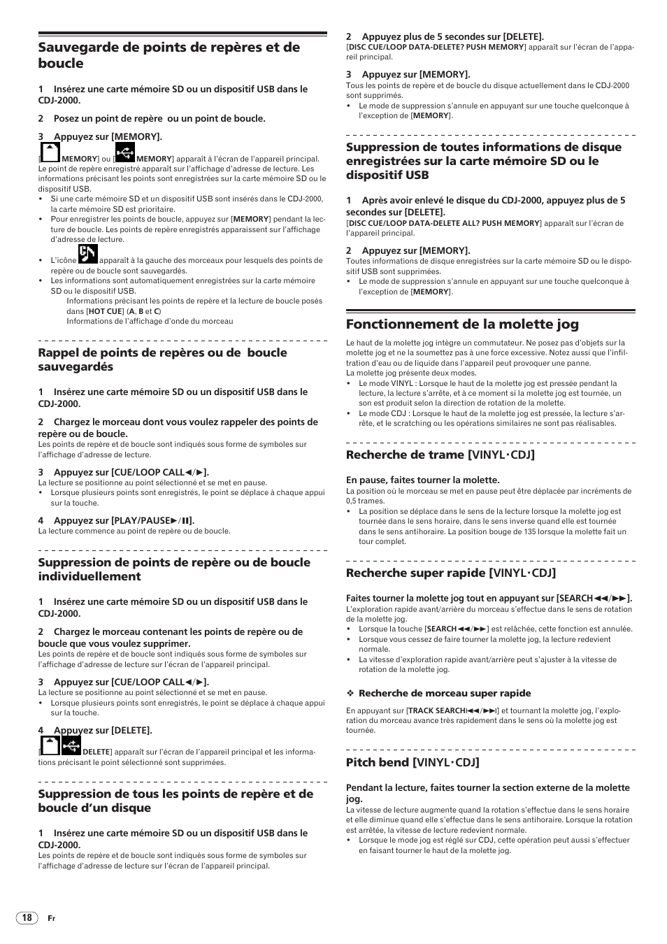 Sauvegarde de points de repères et de boucle, Fonctionnement de la molette jog | Pioneer CDJ-2000 User Manual | Page 46 / 209