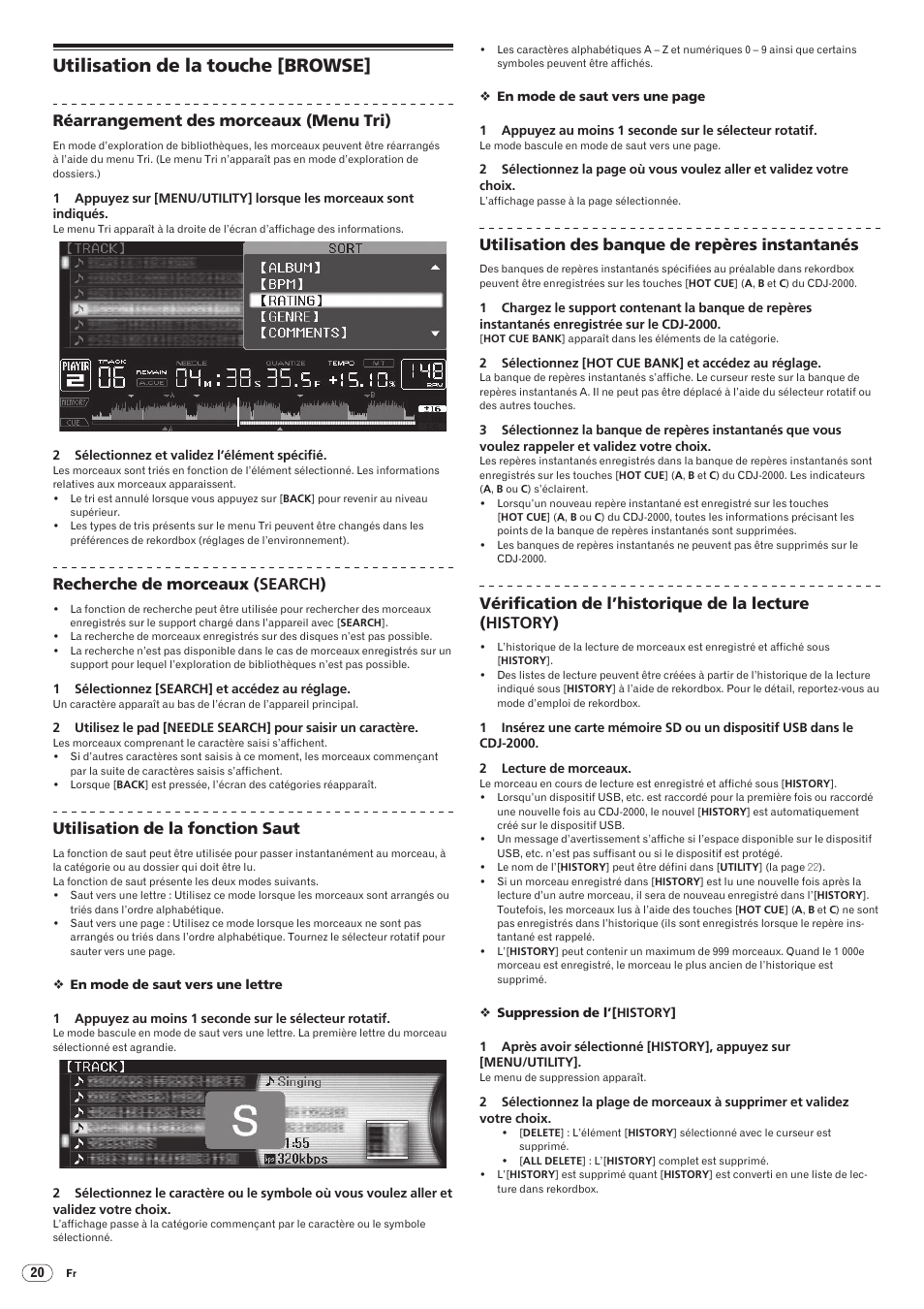 Utilisation de la touche [browse, Drb1475-b, Réarrangement des morceaux (menu tri) | Recherche de morceaux (search), Utilisation de la fonction saut, Utilisation des banque de repères instantanés | Pioneer CDJ-2000 User Manual | Page 48 / 209