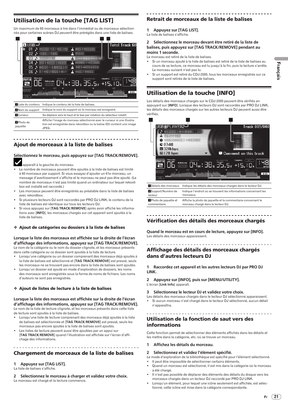 Utilisation de la touche [tag list, Utilisation de la touche [info, Drb1475-b | Ajout de morceaux à la liste de balises, Chargement de morceaux de la liste de balises, Retrait de morceaux de la liste de balises, Vérification des détails des morceaux chargés | Pioneer CDJ-2000 User Manual | Page 49 / 209