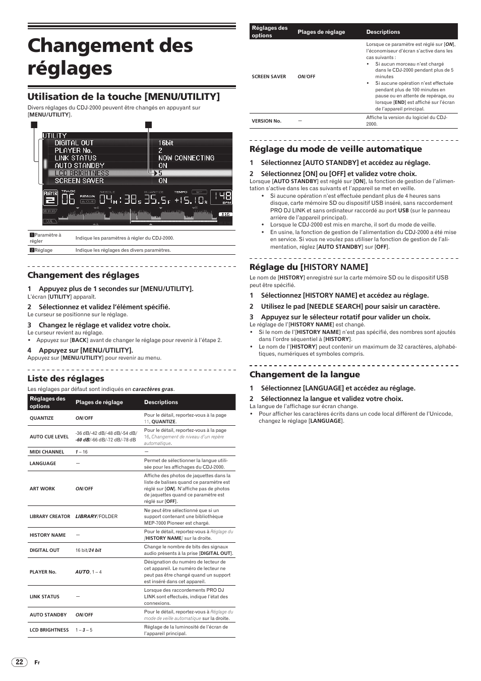 Changement des réglages, Utilisation de la touche [menu/utility, Drb1475-b | Liste des réglages, Réglage du mode de veille automatique, Réglage du [history name, Changement de la langue | Pioneer CDJ-2000 User Manual | Page 50 / 209