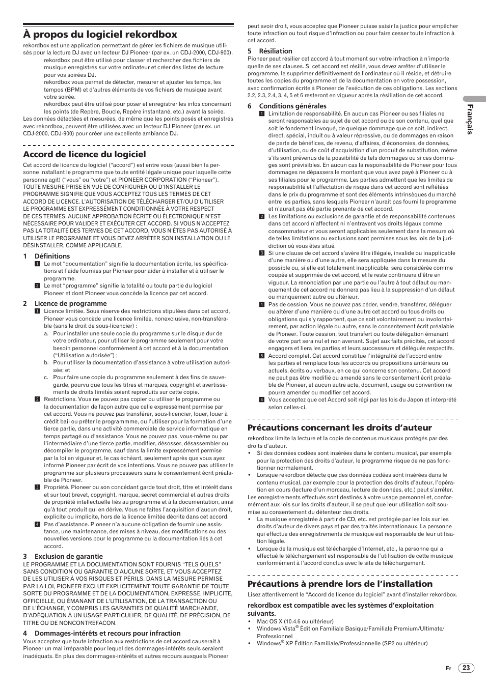 À propos du logiciel rekordbox, Drb1475-b, Accord de licence du logiciel | Précautions concernant les droits d’auteur, Précautions à prendre lors de l’installation | Pioneer CDJ-2000 User Manual | Page 51 / 209