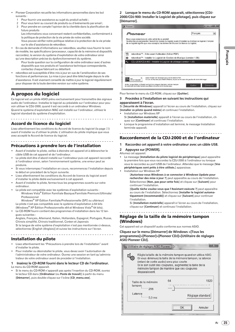 À propos du logiciel, Drb1475-b, Accord de licence du logiciel | Précautions à prendre lors de l’installation, Installation du pilote, Raccordement de la cdj-2000 et de l’ordinateur | Pioneer CDJ-2000 User Manual | Page 53 / 209