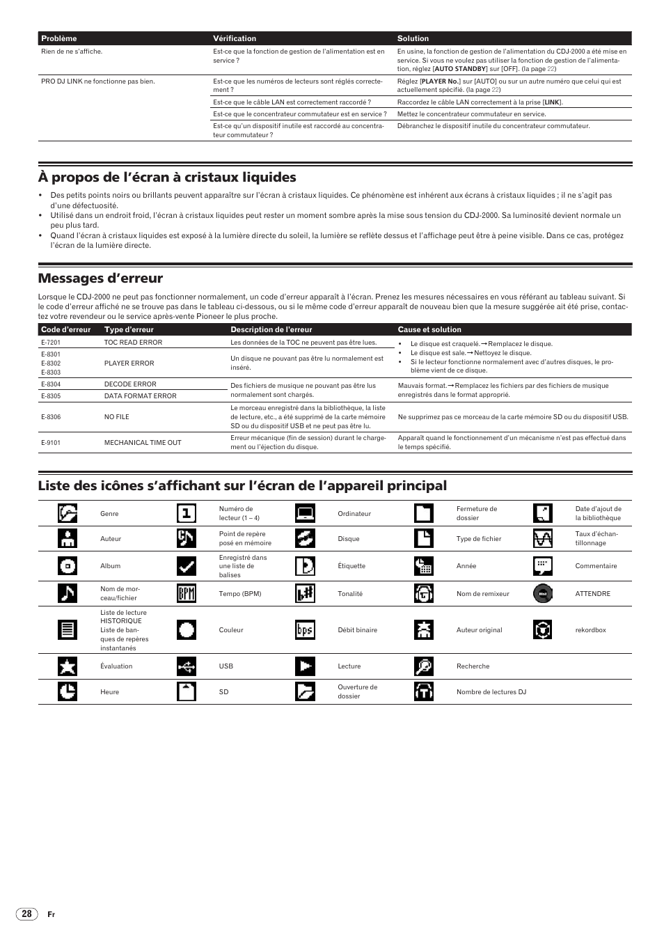 À propos de l’écran à cristaux liquides, Messages d’erreur, Drb1475-b | Pioneer CDJ-2000 User Manual | Page 56 / 209