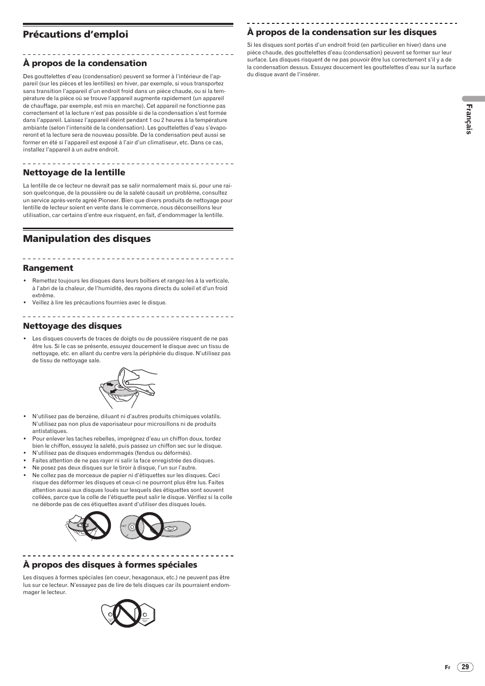 Précautions d’emploi manipulation des disques, Précautions d’emploi, Manipulation des disques | Pioneer CDJ-2000 User Manual | Page 57 / 209