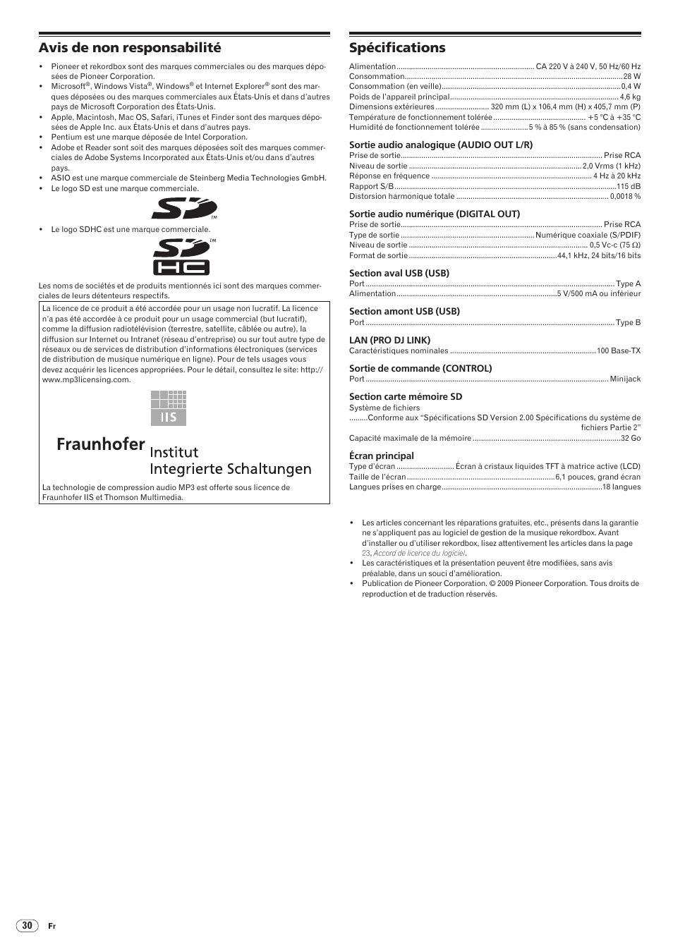Avis de non responsabilité spécifications, Avis de non responsabilité, Spécifications | Drb1475-b | Pioneer CDJ-2000 User Manual | Page 58 / 209