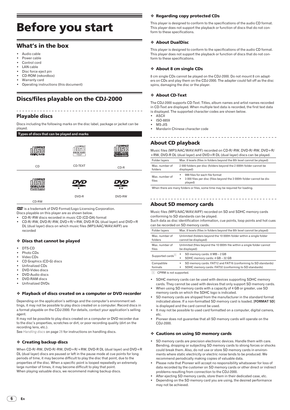 Before you start, What’s in the box discs, Files playable on the cdj-2000 | What’s in the box, Discs/ files playable on the cdj-2000, Drb1475-b, Playable discs, About cd playback | Pioneer CDJ-2000 User Manual | Page 6 / 209